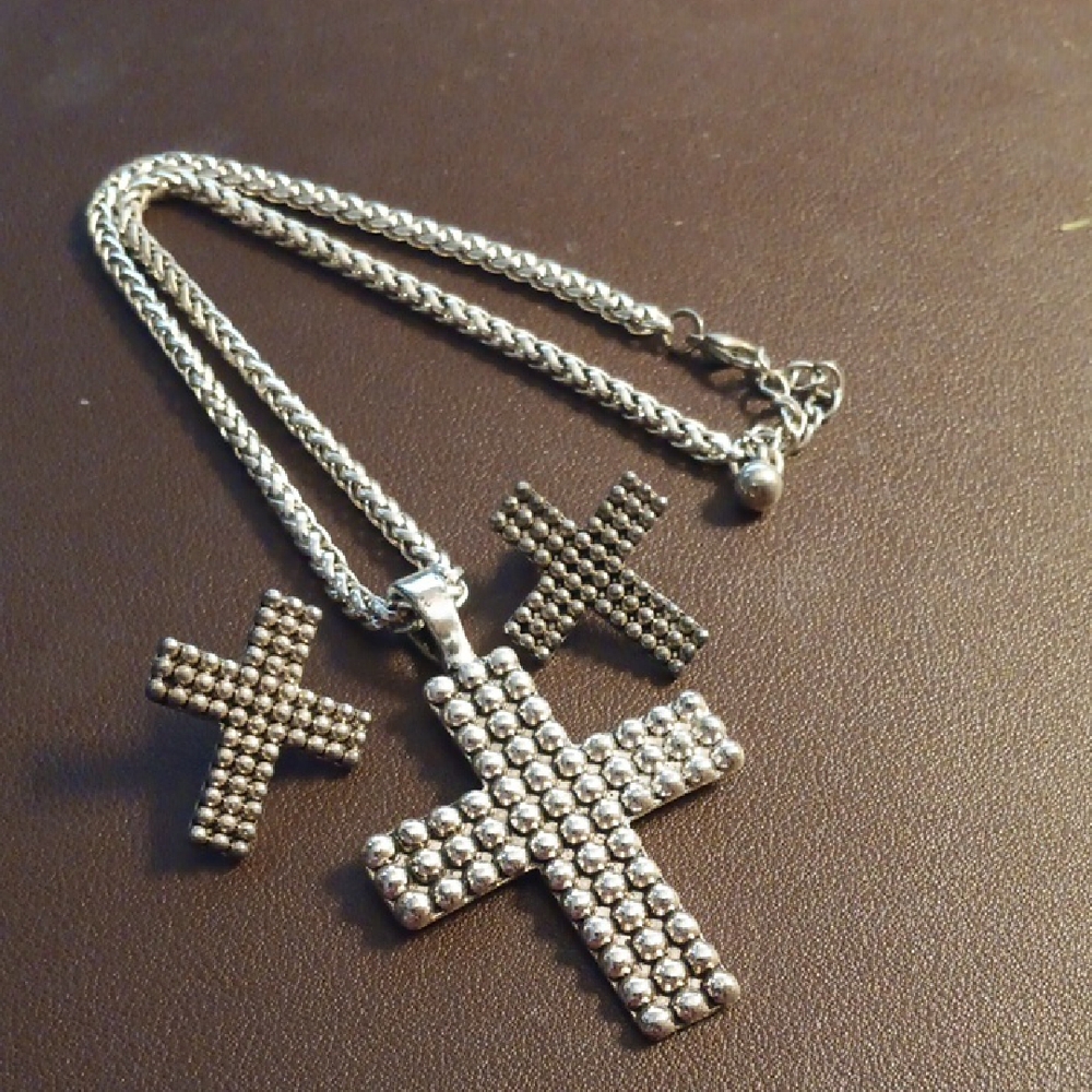 Silver Cross Pendant Necklace And Pierced Earrings Set
